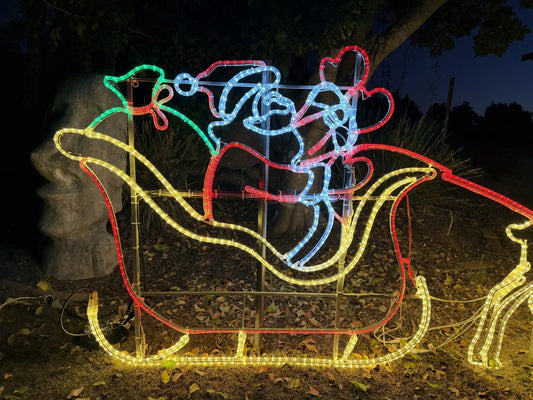 Large Sleigh Santa Waving 2 Reindeer Rope Light