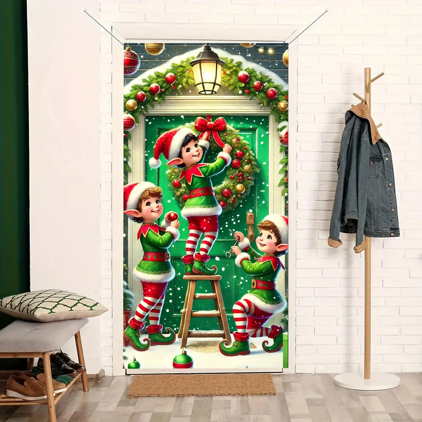 Christmas Elves Wreath Door Cover