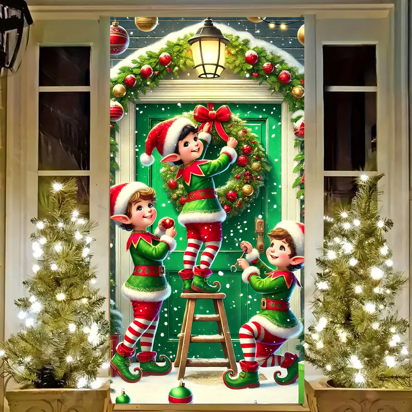 Christmas Elves Wreath Door Cover