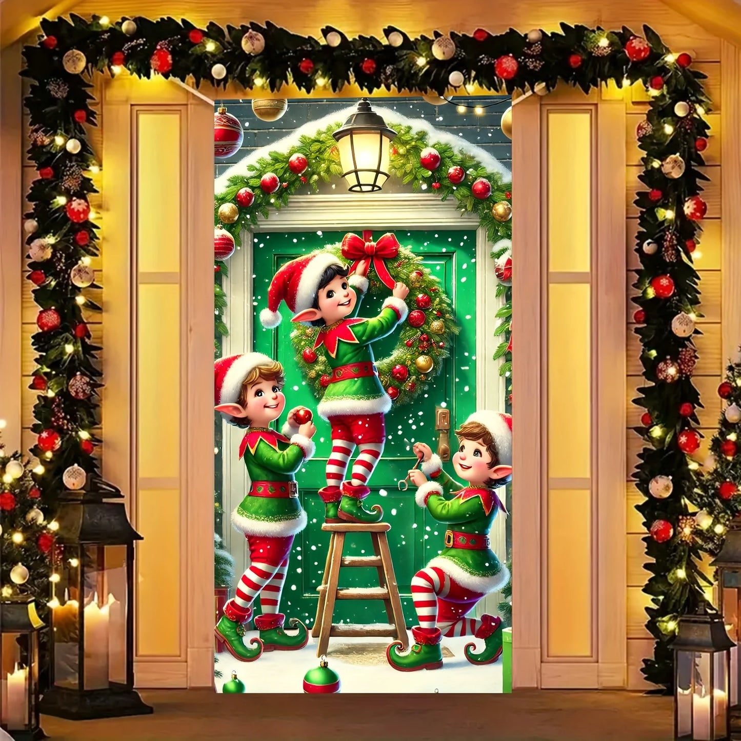Christmas Elves Wreath Door Cover