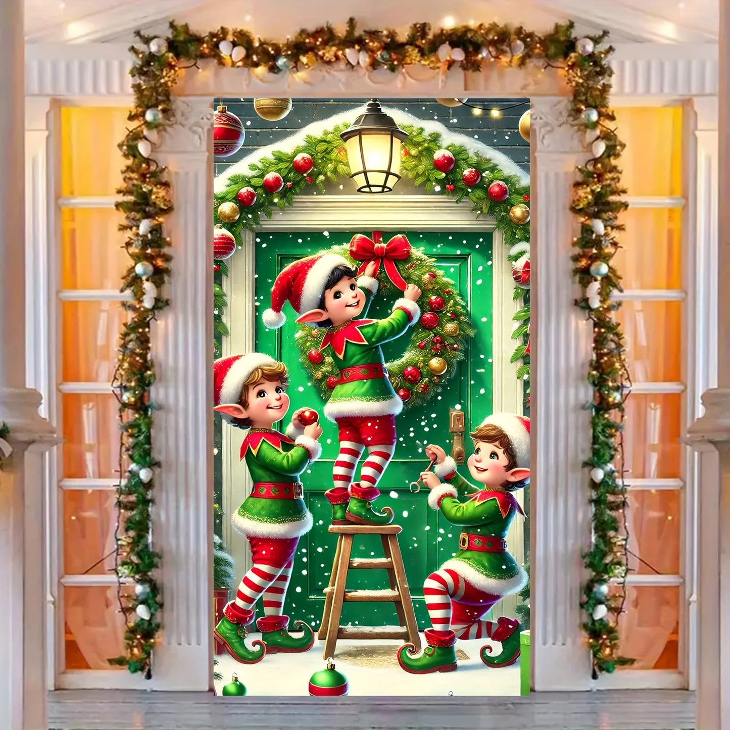Christmas Elves Wreath Door Cover