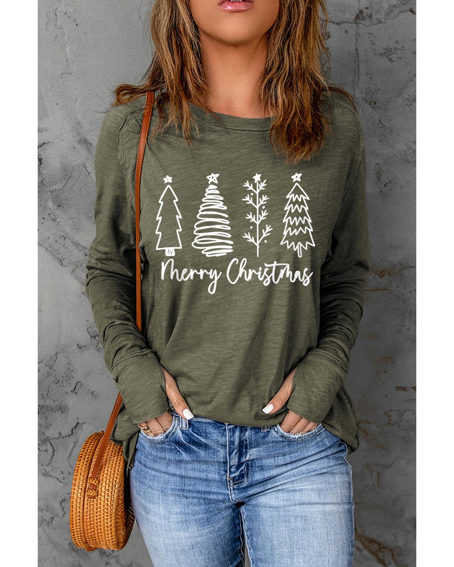 Green Merry Christmas Trees Thumbhole Sleeve Graphic Tee - S