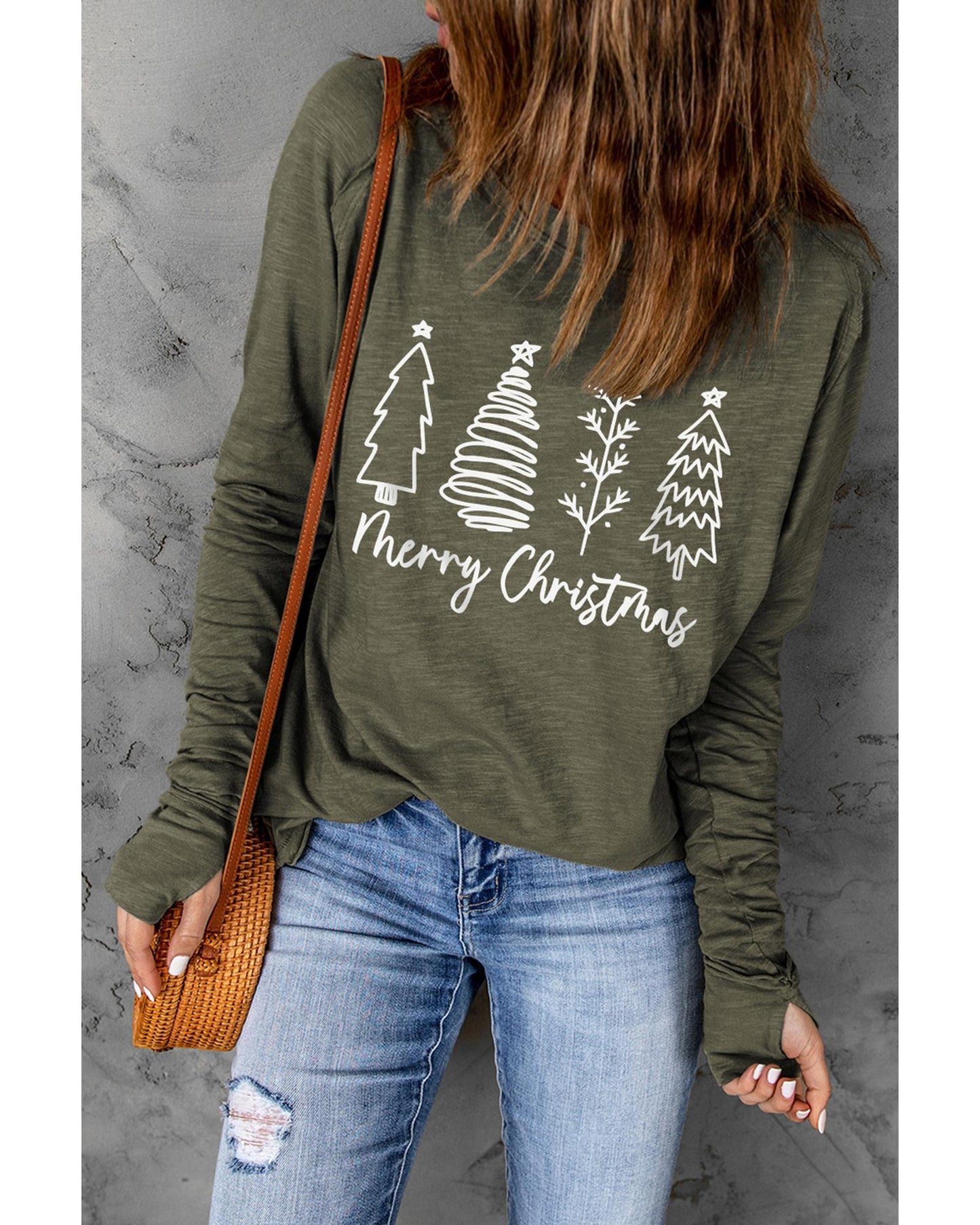 Green Merry Christmas Trees Thumbhole Sleeve Graphic Tee - S
