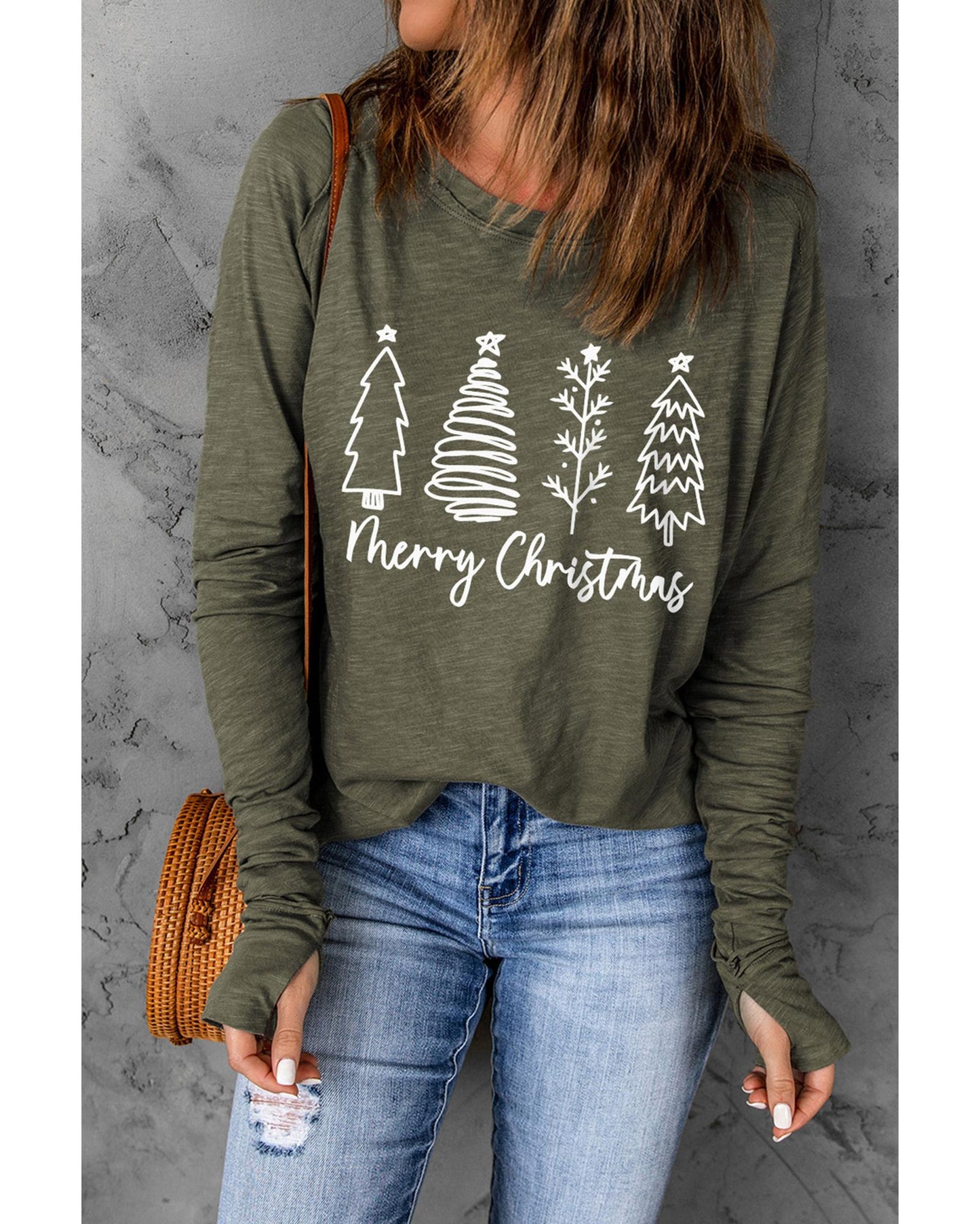 Green Merry Christmas Trees Thumbhole Sleeve Graphic Tee - S