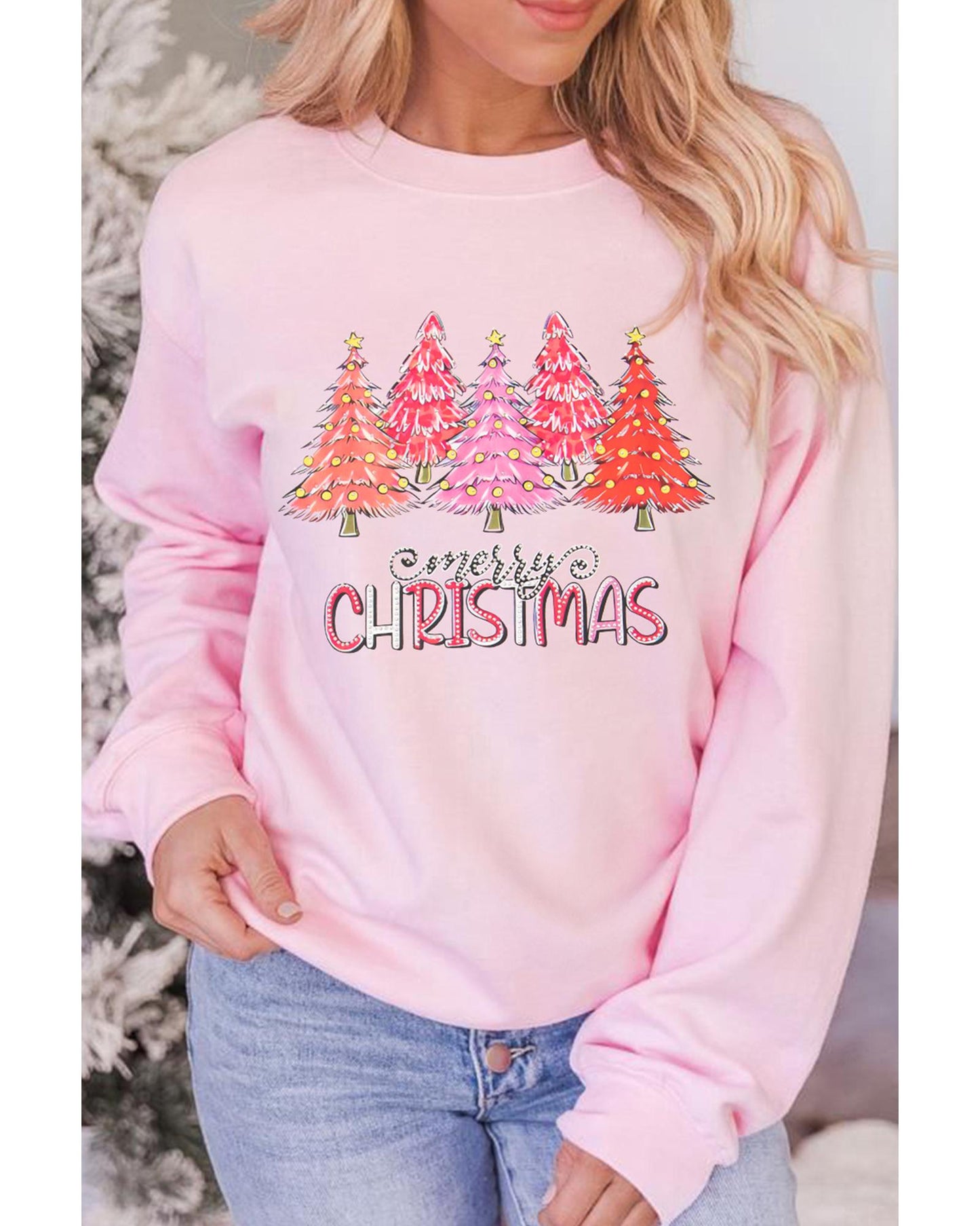 Pink Rhinestone Merry CHRISTMAS Christmas Tree Graphic Sweatshirt - XL