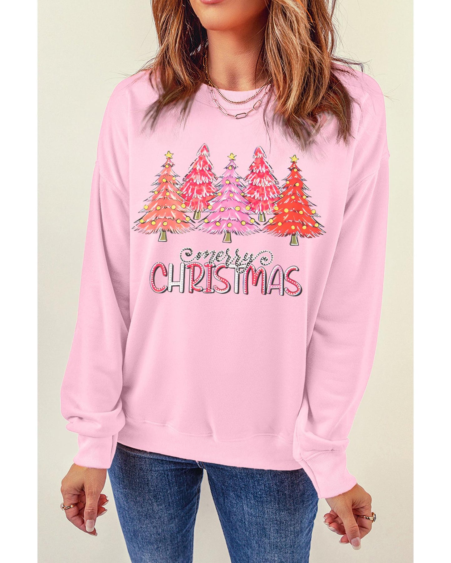 Pink Rhinestone Merry CHRISTMAS Christmas Tree Graphic Sweatshirt - XL