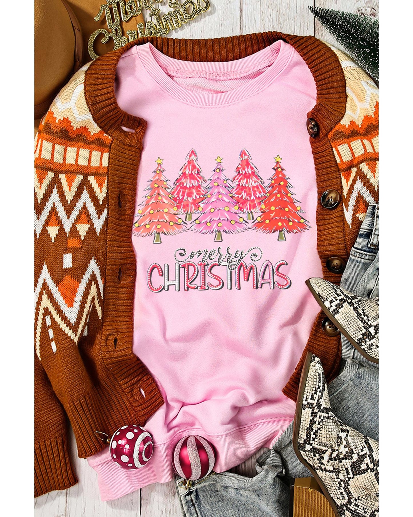 Pink Rhinestone Merry CHRISTMAS Christmas Tree Graphic Sweatshirt - XL