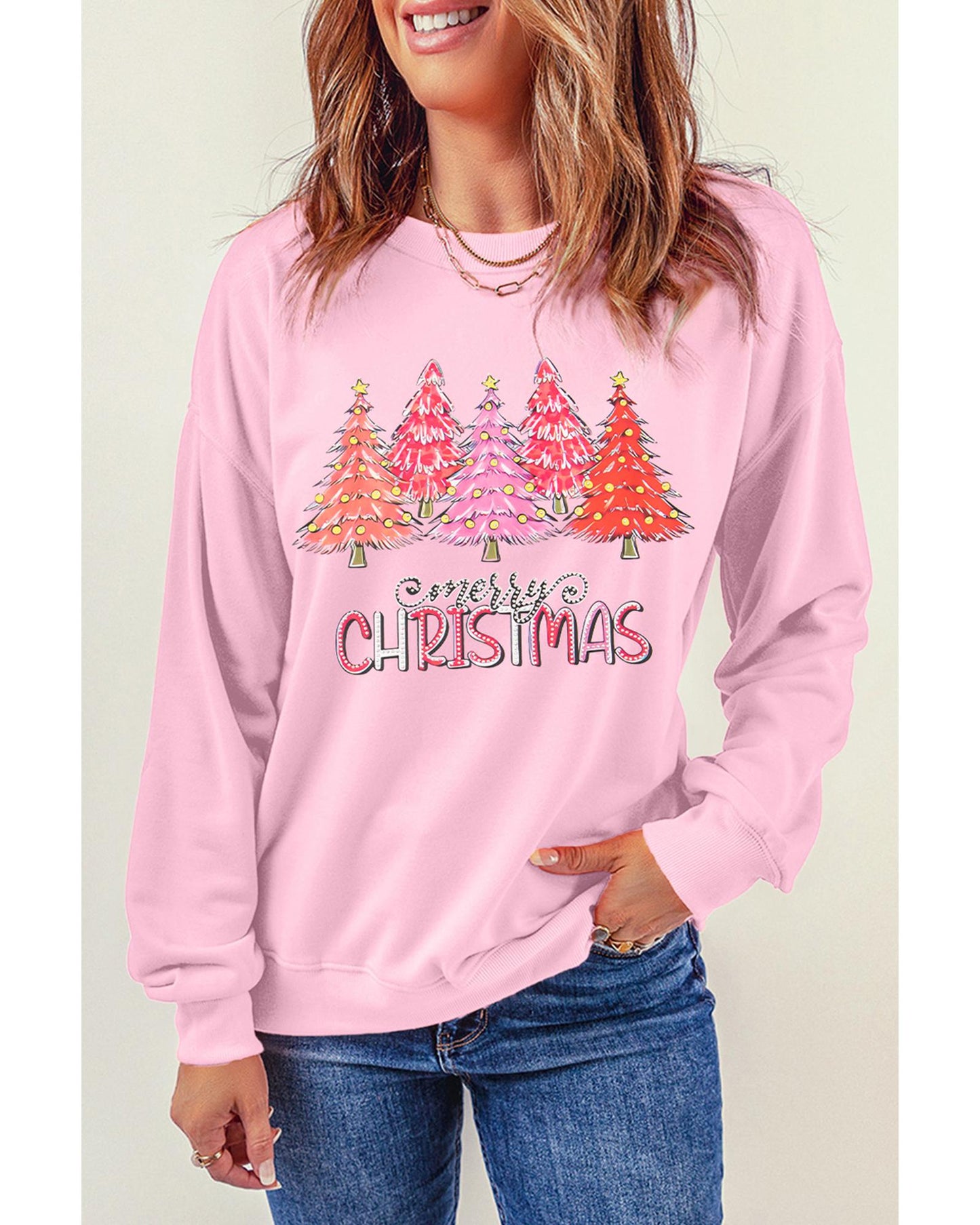 Pink Rhinestone Merry CHRISTMAS Christmas Tree Graphic Sweatshirt - XL