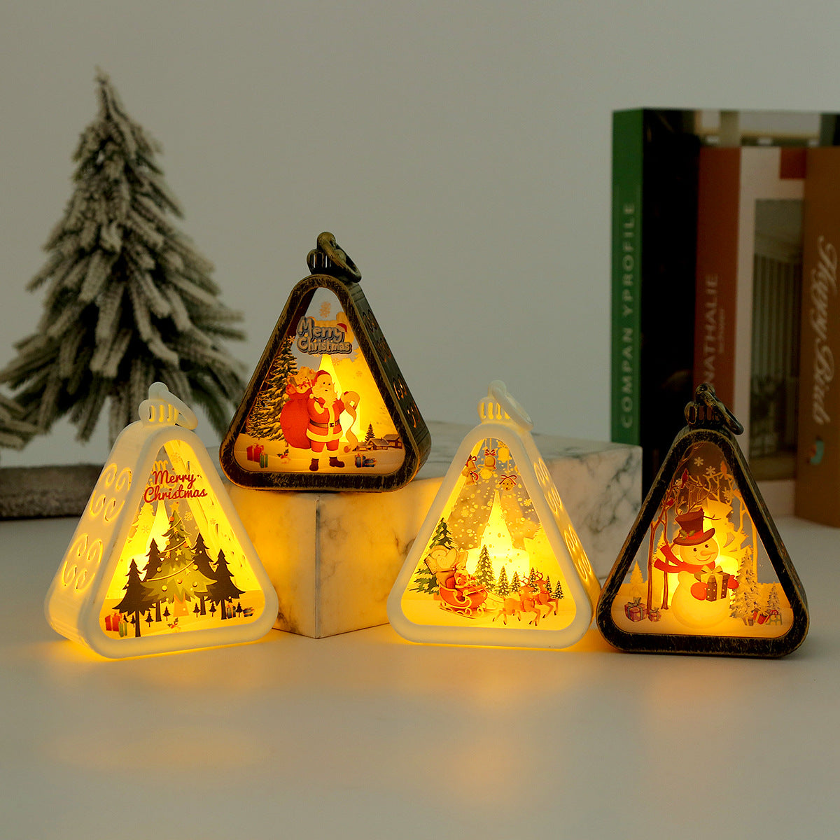White Santa Claus Charming Christmas Scene Mini Lanterns (Set of 3) - Battery Operated LED Lights for a Cozy Holiday Glow