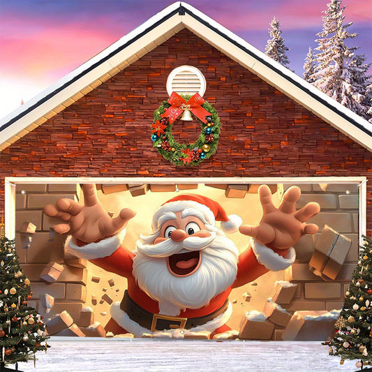 Santa Claus Breaking Wall Garage Door Banner