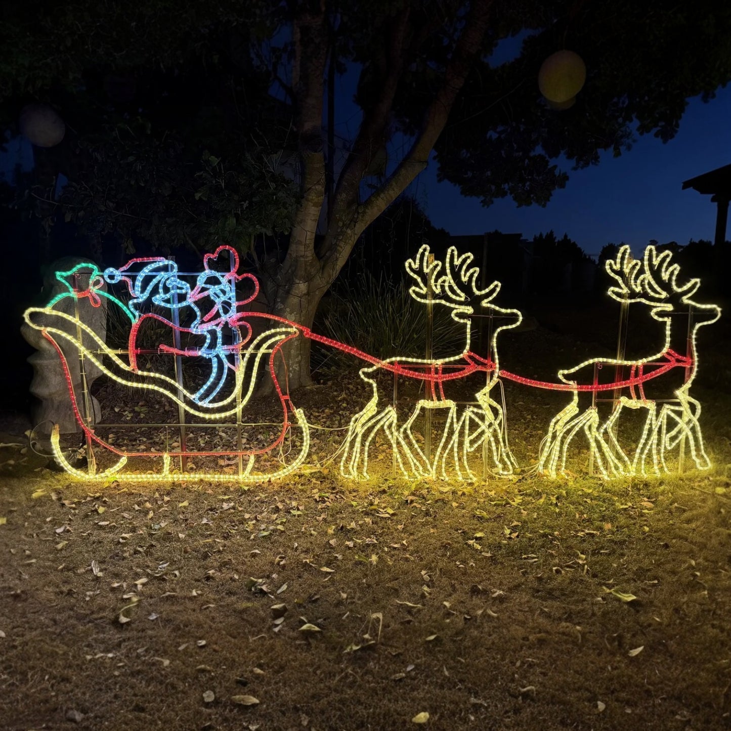 Large Sleigh Santa Waving 2 Reindeer Rope Light