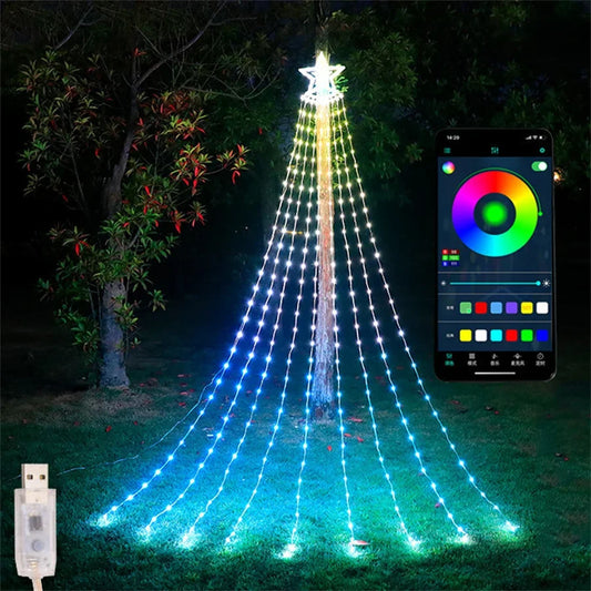 Christmas Tree Waterfall String Light with Star Topper