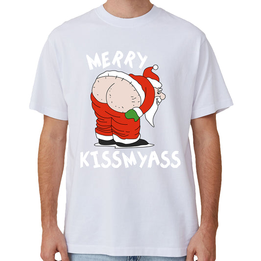 100% Cotton Christmas T-shirt Adult Unisex Tee Tops Funny Santa Party Custume, Merry Kissmyass (White), 3XL