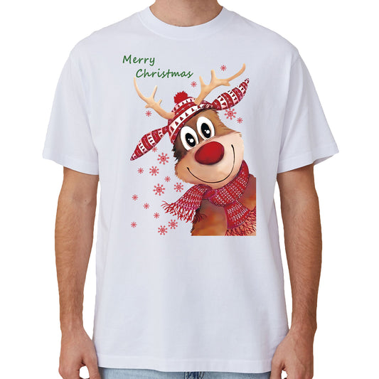 100% Cotton Christmas T-shirt Adult Unisex Tee Tops Funny Santa Party Custume, Reindeer (White), 3XL