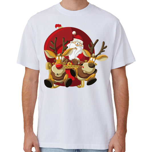 100% Cotton Christmas T-shirt Adult Unisex Tee Tops Funny Santa Party Custume, Santas Sleigh (White), 3XL