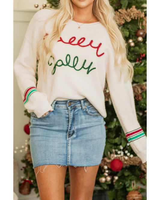 Beige Tinsel Holly Jolly Graphic Classic Sweater - M