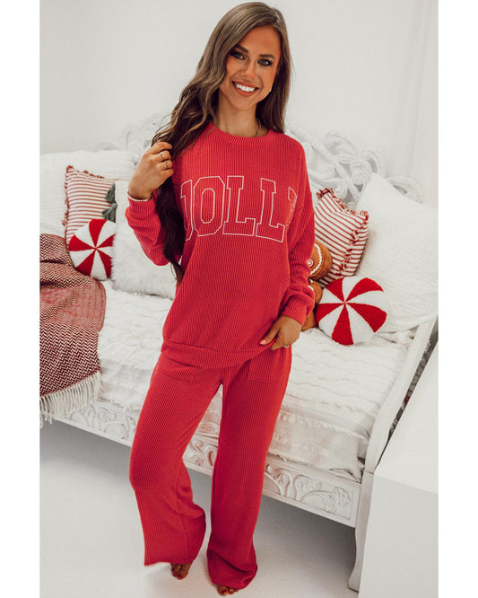 Fiery Red JOLLY Corded Long Sleeve Top and Pockets Pants Set - XL