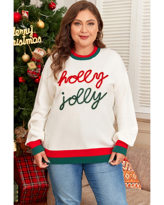 White Tinsel holly jolly Pattern Colorblock Edge Drop Shoulder Plus Size Sweater - 2X