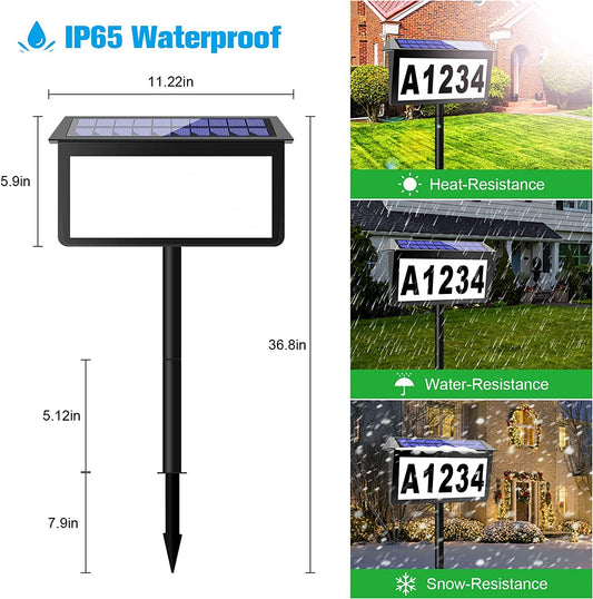 Black Bright Solar Powered LED Address Sign - IP65 Waterproof Outdoor House Number Light, 3 Color Modes, Wall & Ground Mount
