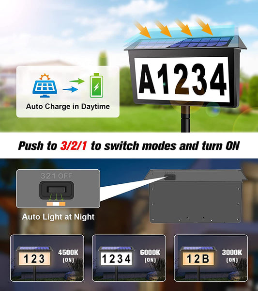 Black Bright Solar Powered LED Address Sign - IP65 Waterproof Outdoor House Number Light, 3 Color Modes, Wall & Ground Mount