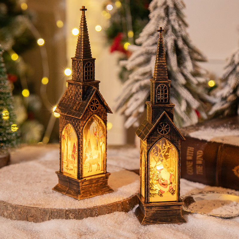 3-pcs Church Snowman Vintage Christmas Church LED Lantern - Battery Operated Decorative Holiday Night Light