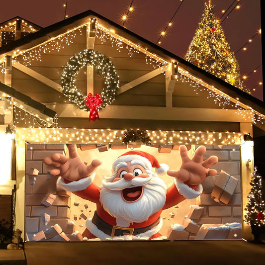 Santa Claus Breaking Wall Garage Door Banner
