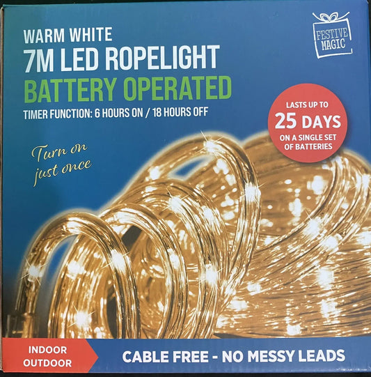 Warm White 7m Rope Light-Battery Powered